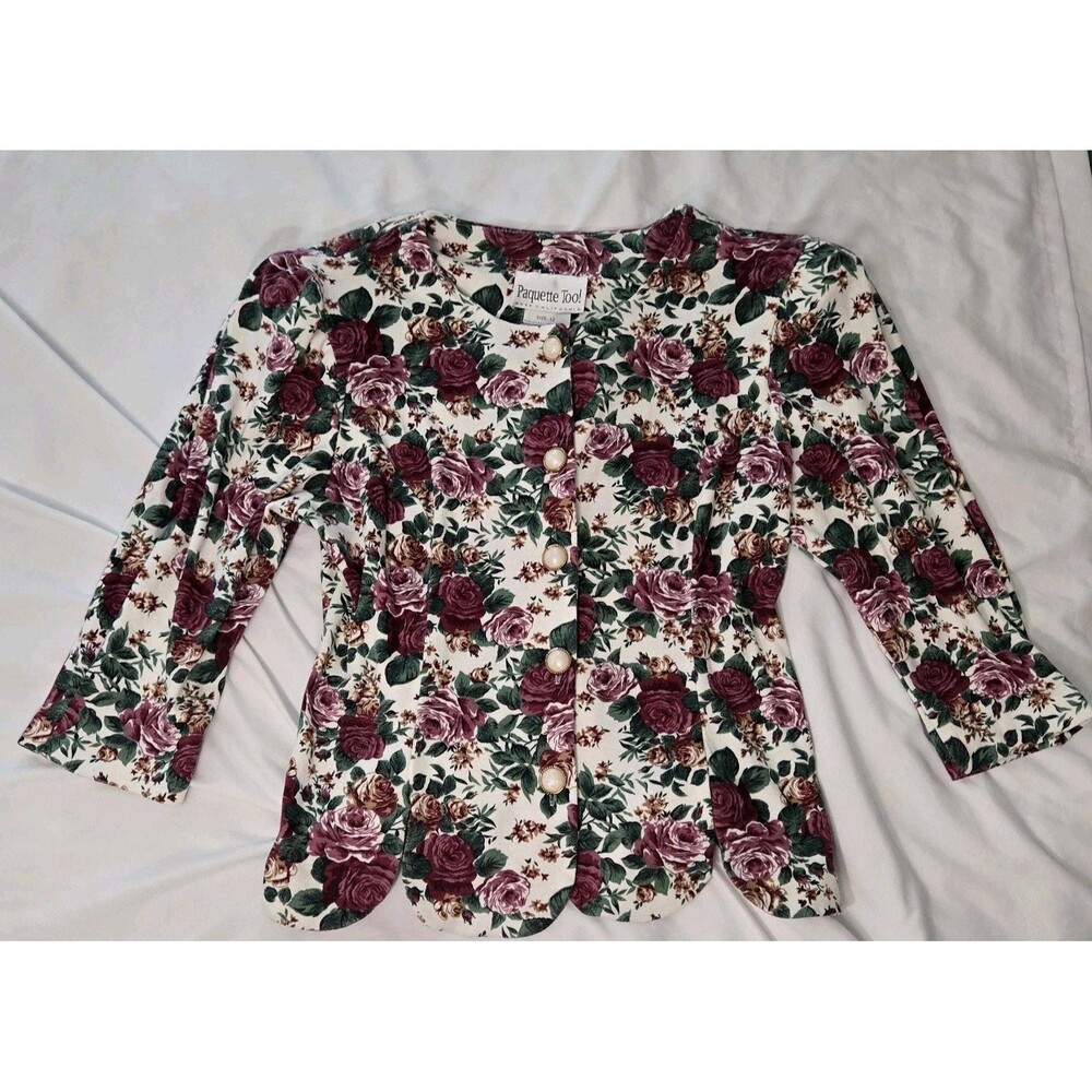 Vintage Paquette Too Floral Tapestry Blazer Scallop Hem Pearl Buttons Cottage 12